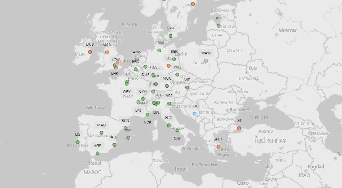 32 sân bay đã triển khai mô hình A-CDM tại châu Âu (chấm màu xanh lục). Ảnh: Eurocontrol.
