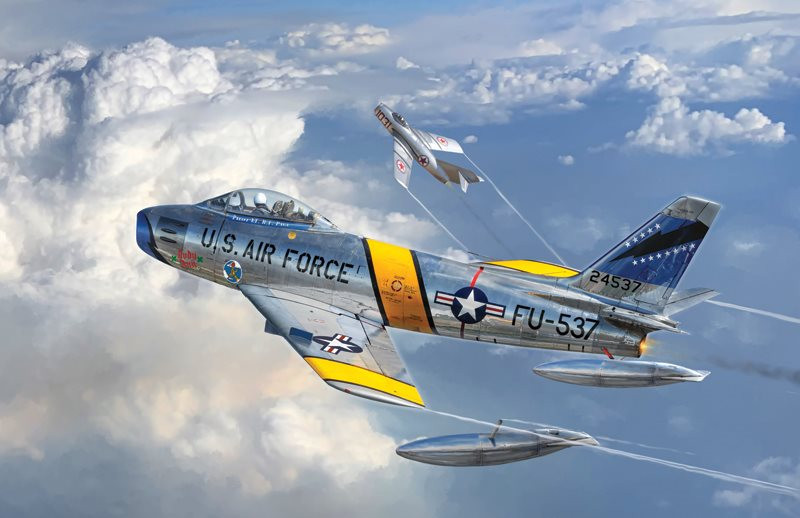 F-86 Sabre (đôi khi được gọi là Sabrejet) là máy bay chiến đấu có tốc độ cận âm được chế tạo cho Không quân Hoa Kỳ. Trong chiến tranh Triều tiên F-86 và MiG-15 tạo thành cuộc không chiến phản lực đầu tiên trên thế giới. Cuộc đối đầu này đã đặt dấu chấm hết cho máy bay cánh quạt. F-86 là một trong những máy bay tiêm kích phản lực được các nước Phương Tây sản xuất với số lượng nhiều nhất trong thời kỳ Chiến tranh lạnh. Ảnh: Italeri.com.