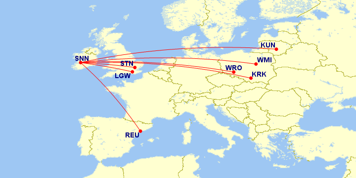 Vị trí của sân bay Shannon (ký hiệu SNN) tại châu Âu. Ảnh: DirectFlight.