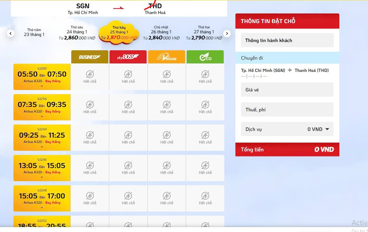 Chặng bay SGN - THD của hãng Vietjet Air thông báo hết vé trên website. 