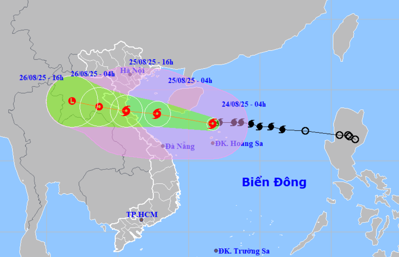 Dự báo vị trí và hướng di chuyển bão số 5 lúc 4h sáng 24/8. Ảnh: NCHMF.