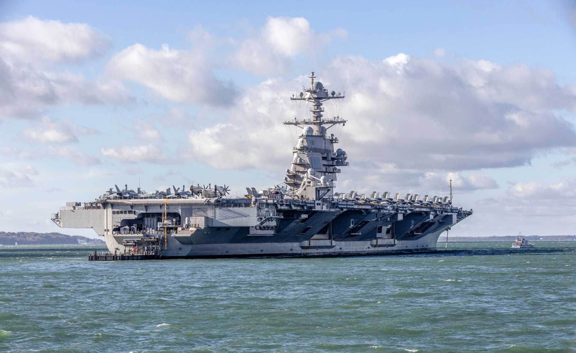 USS Gerald R Ford aircraft carrier at sea.