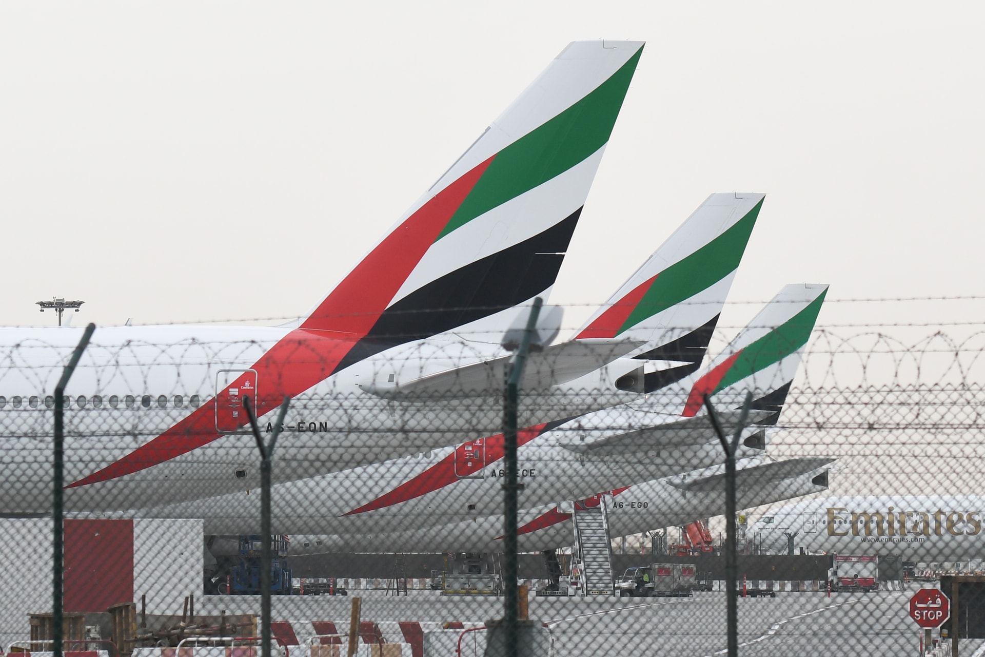 Emirates planes grounded at Dubai airport.