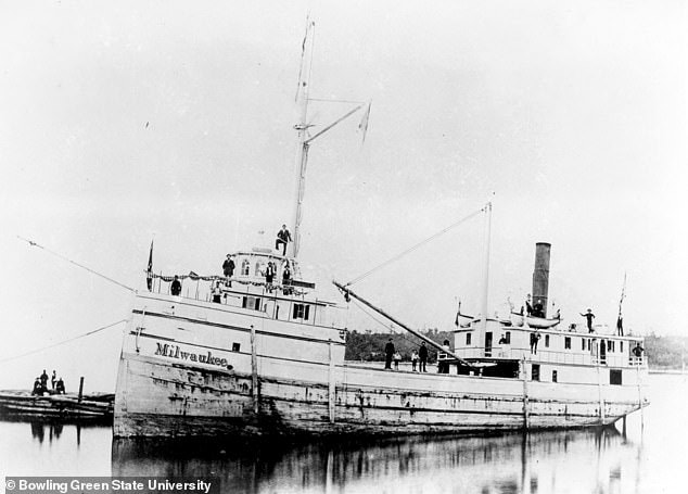 Lake Michigan is particular dangerous due to the waves being steep and close together, causing the water to crash into the ship rather than the boats rolling over it (pictured: a ship that would later wreck)