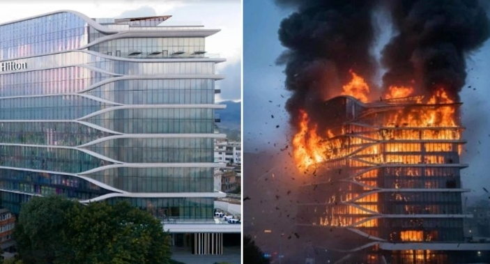 Hình ảnh trên mạng xã hội về việc khách sạn Hilton trước và sau bị thiêu rụi một mặt.