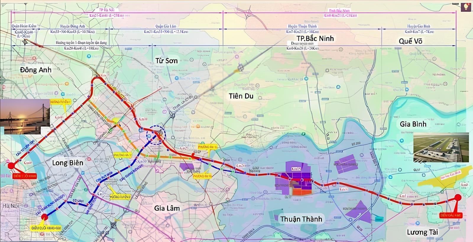 Bản đồ dự kiến tuyến đường kết nối sân bay Gia Bình với TP Hà Nội.