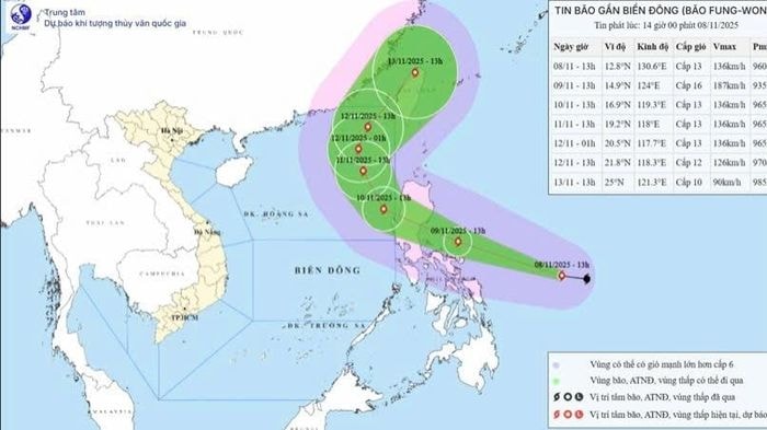 Bản đồ dự báo đường đi, khu vực ảnh hưởng của bão Fung Wong. (Nguồn: NCHMF)