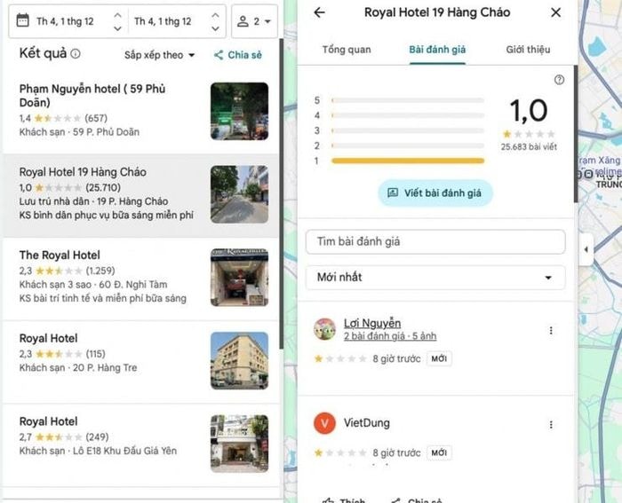 Loạt đánh giá 1 sao trên Google Map nhắm vào cơ sở tại Hàng Cháo. Ảnh chụp màn hình