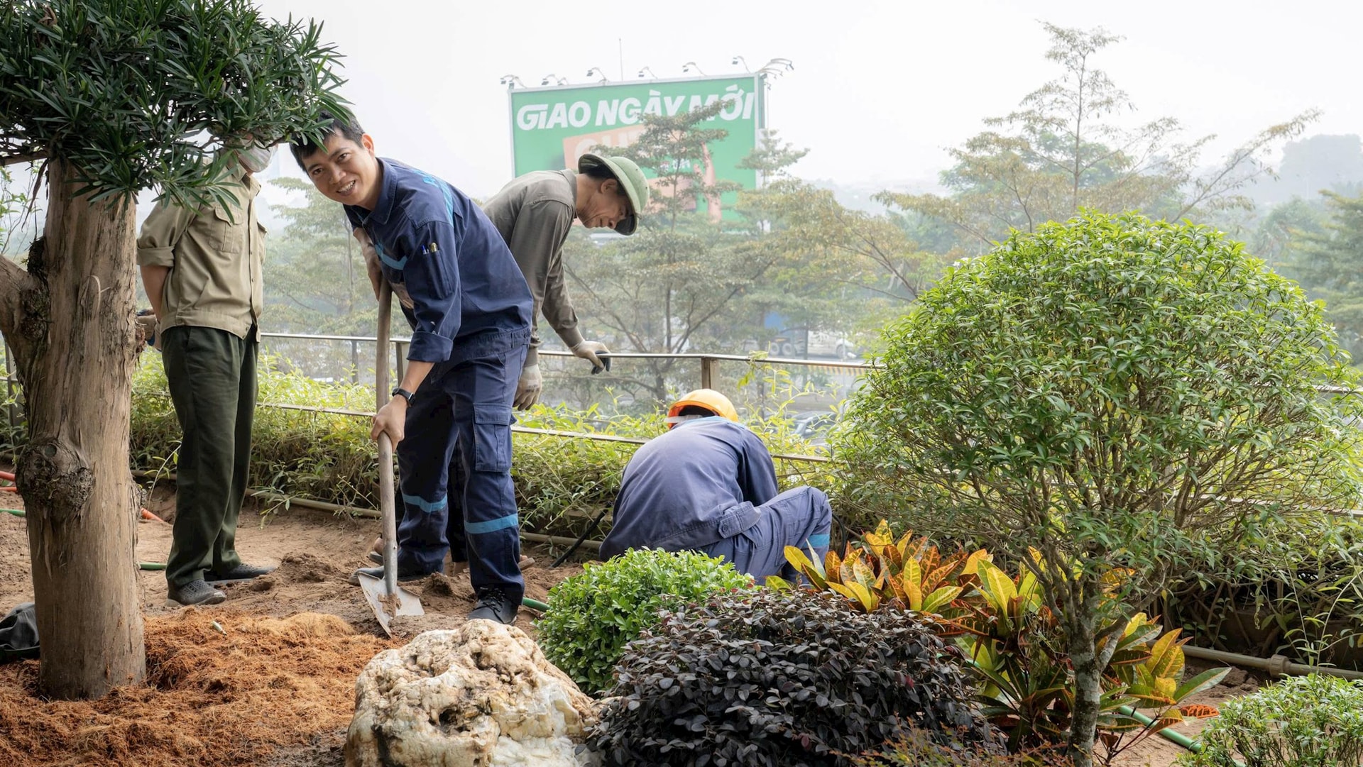Khu vực cây xanh tiền sảnh đang được gấp rút hoàn thiện