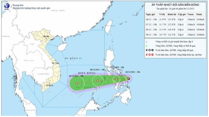 Bản đồ dự báo quỹ đạo và cường độ áp thấp nhiệt đới phát lúc 20 giờ ngày 6/12/2025. (Nguồn: Trung tâm Dự báo khí tượng thủy văn quốc gia)