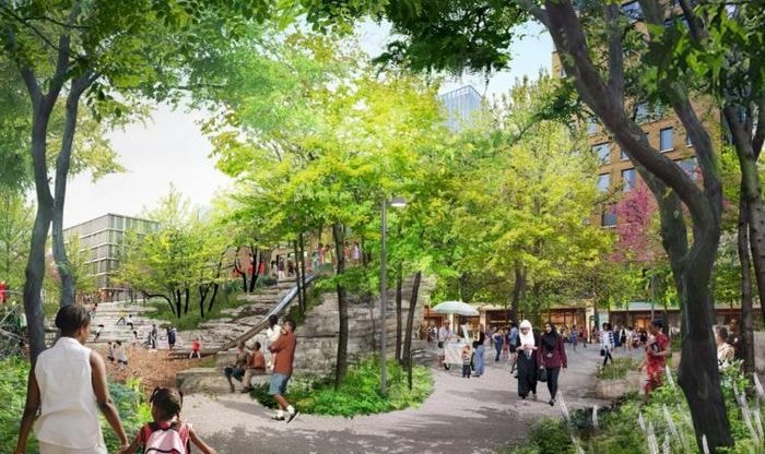 Đường băng dài 2 km sẽ trở thành một công viên dành cho người đi bộ, kết nối 7 khu dân cư riêng biệt. Phối cảnh: MVVA