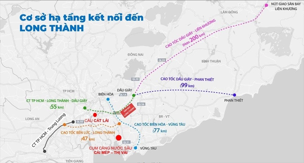 Bản đồ các tuyến giao thông kết nối với sân bay Long Thành
