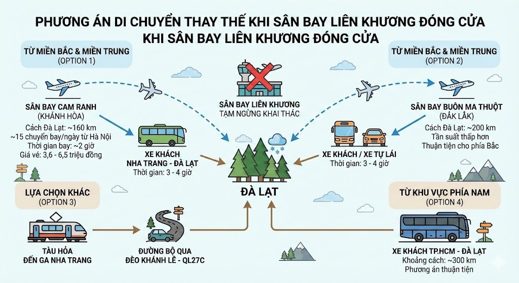 Minh họa các phương án di chuyển thay thế khi Sân bay Liên K