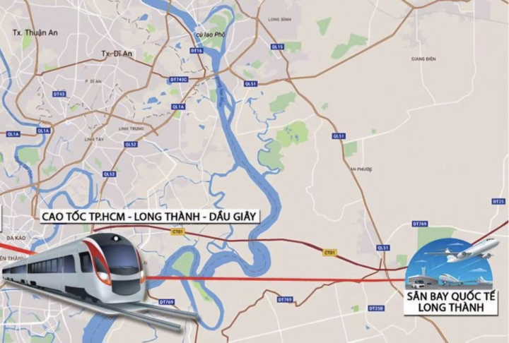 Sơ đồ hướng tuyến đường sắt Thủ Thiêm - Long Thành.
