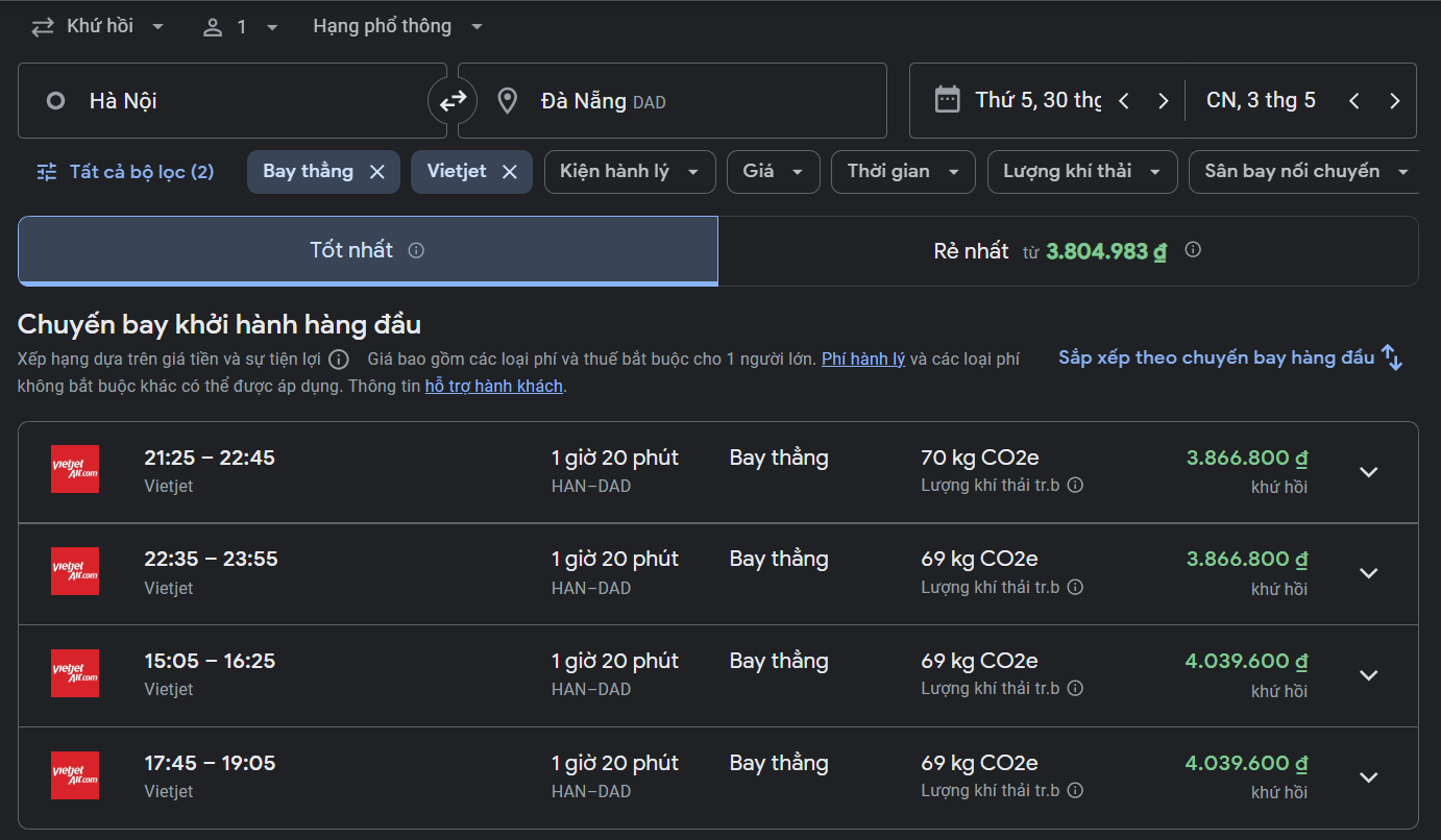 Giá vé khứ hồi Vietjet Hà Nội - Đà Nẵng.