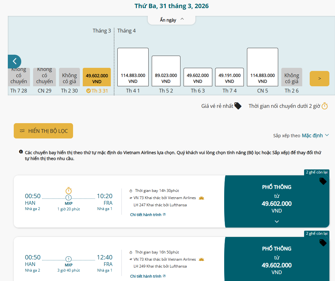 Giá vé Hà Nội - Frankfurt do Vietnam Airlines khai thác.
