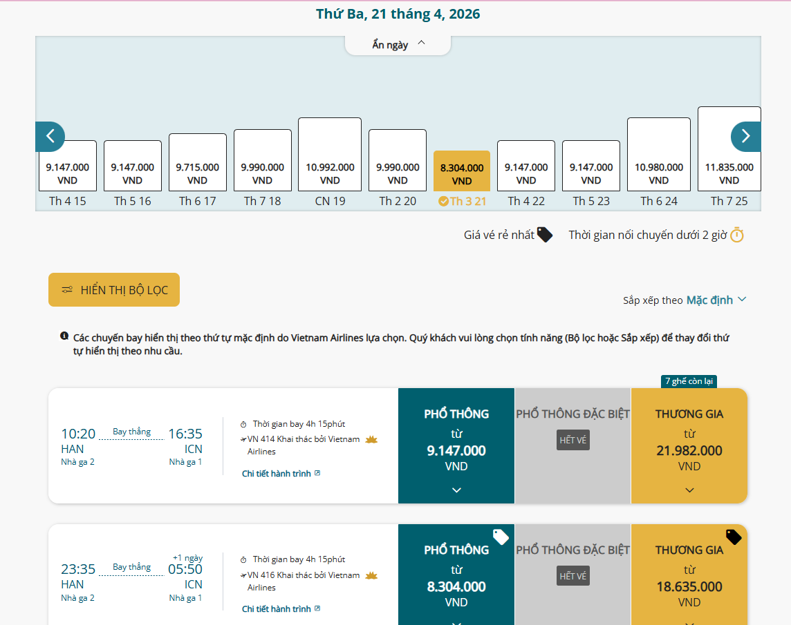 Giá vé Hà Nội - Seoul do Vietnam Airlines khai thác.