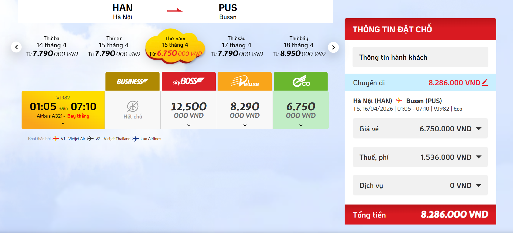 Giá vé Hà Nội - Busan do Vietjet khai thác.