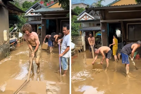 Khách Tây xắn tay dọn bùn ở Tuyên Quang