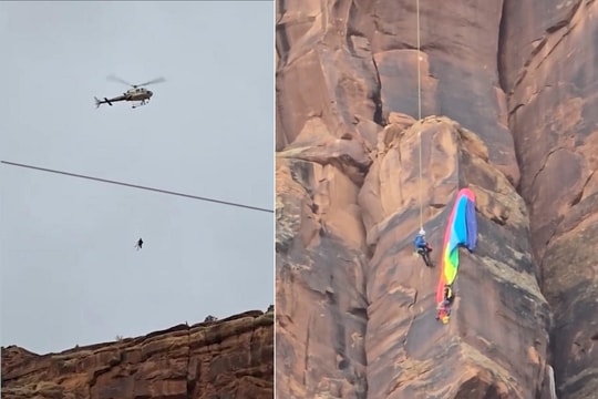 Video trực thăng giải cứu người nhảy dù kẹt trên vách núi
