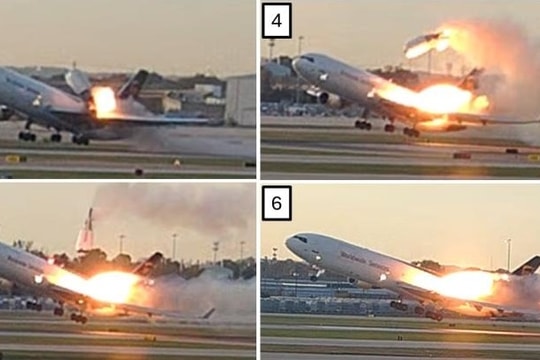 Khoảnh khắc máy bay bung động cơ, bốc cháy khi cất cánh ở Mỹ