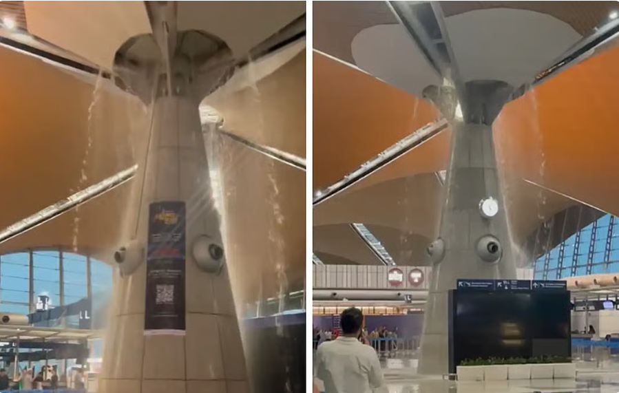 Mưa lớn làm dột trần, nước đổ như thác tại sân bay quốc tế Kuala Lumpur